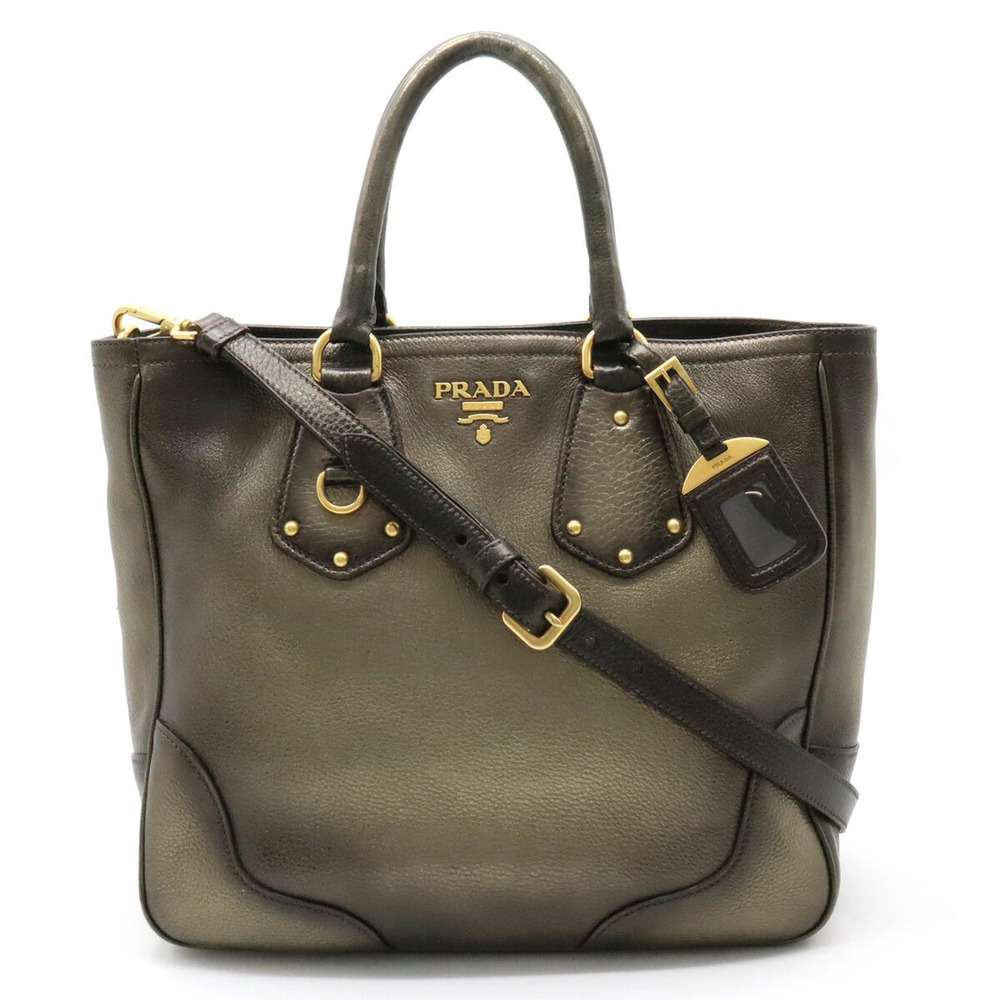 Prada Vitello Daino ANTIK Tote Bag Crossbody Leather PIOMBO Khaki Green Brown